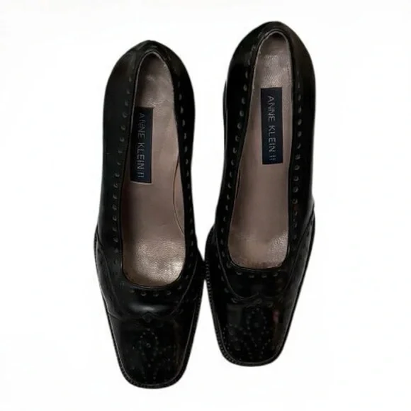 Vintage Anne Klein Black All Leather Wingtip Oxford Pumps Square Toe Italy 6 - Picture 3 of 16